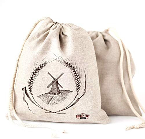 Linen Bread Bags - 2-Pack 30 x 40 cm Special Art Design Unbleached Linen Reusable Food Storage for Homemade Artisan Bread