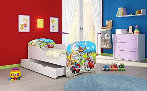 ACMA I Kinderbett 160x80 Jugendbett Komplett mit Einer Schublade und Matratze Lattenrost Weiß, stabil, Kinderzimmer Bett, Jugendmöbel Design 36 Feuerwehr