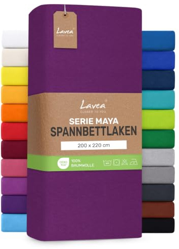 Lavea® Spannbettlaken 200x220cm - Fliederlila | Maya, 100% Jersey Baumwolle, Boxspringbetten, Wasserbetten, mit Rundumgummi, atmungsaktives Bettlaken für Matratzen bis 35cm