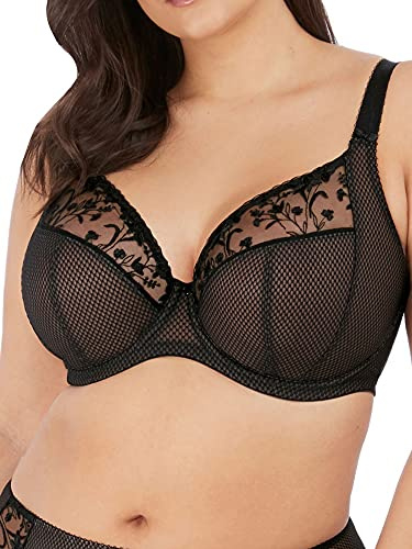 Elomi Charley plunge-bh för kvinnor: Elegant blommigt broderi för komfort i vardagen. Låg urringad front och flexibel ryggsvepning DD+ bh, Jet, 85E