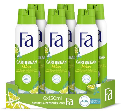 Fa Limones del Caribe Desodorante en Spray (6 x 150 ml), spray antitranspiración y antimanchas, desodorante sin aluminio y con hasta 48 horas de protección, fórmula vegana*