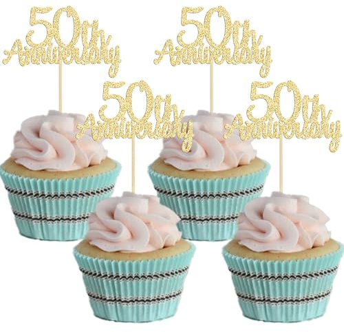 Gyufise 24 Pack 50th Anniversary Cupcake Toppers Picks Gold Glitter Happy 50th Anniversary Cake Decorations for 50th Wedding Retirement Anniversary Party Cake Decorations
