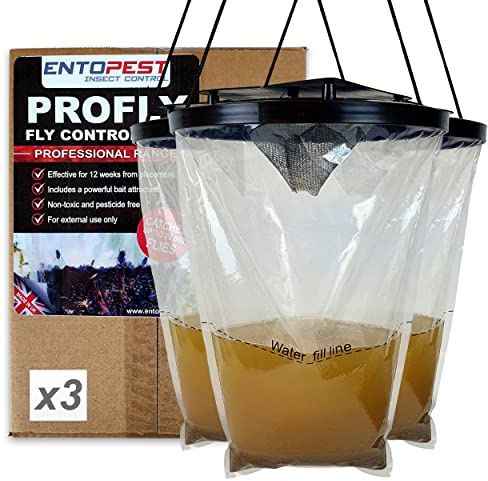 Entopest ProFly - Bolsa colgante para matar moscas – Trampa de alta resistencia de calidad profesional atrapa 20.000 moscas – Control no tóxico para jardines, granjas y remos (paquete de 3)