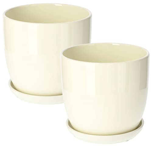Kotarbau® - Vaso da fiori in ceramica per piante con vassoio antigoccia, diametro di 20 cm, colore beige, set da 2