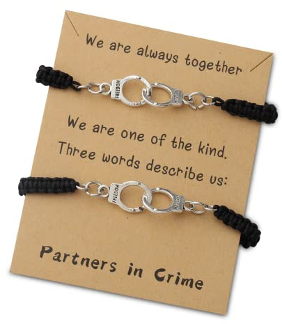 WUSUANED Partners In Crime Friendship Bracelets Handcuff Charms Friendship Symbol Jewelry For 2 Message Crad Gifts For Family Friends (Partner in crime bracelet set)