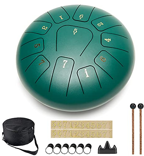 TOPDÉCORÉ Tongue Drum Relaxant 10 pouces 11 tons- Instrument de Musique Intuitif pour Méditation Zen,Yoga et Éveil Musical - Tambour en Acier pour Enfant et Adulte avec Sac et Accessoires