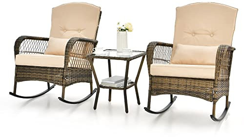 GIANTEX Set di Sedie a Dondolo in Rattan per Balcone, 3 Pezzi Mobili da Giardino con 1 Tavolino e 2 Sedie a Dondolo, Marrone Chiaro