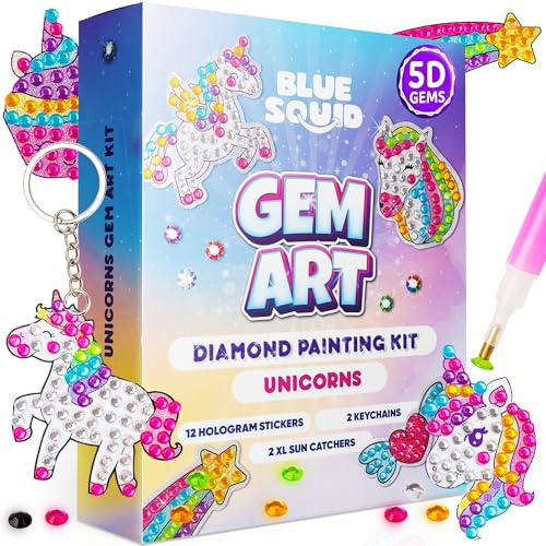 Blue Squid Diamond Art for Kids – Unicorn - Fun & Easy DIY 5D Gem Art Kits Kids Gift Set for Gem Keychains, Stickers, Sun Catchers - Diamond Painting for Kid Girls, Boys Ages 6-12