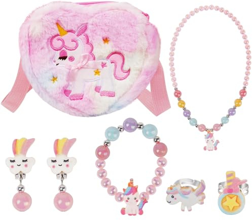 OSDUE Sac Licorne Jouet Bijoux Enfants Fille, Bijoux Enfants Petites Filles Sacs à Main en Peluche Collier Bracelet Boucles d'oreilles Bagues kit Bijoux, Cadeau Fille 2 3 4 5 6 7 Ans