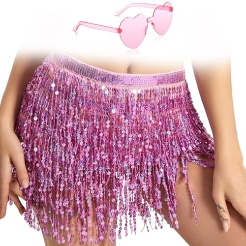 VJUYSW Jupes Paillettes Enveloppées de Franges pour Femmes et Filles - Jupes de Danse du Ventre Rave Hanches Écharpes Festives Vêtements Rose