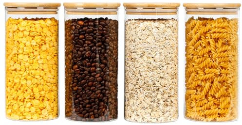 MUUKAIII Tarros de Cristal con Tapa Bambú, Juego de 4 Tarro de Vidrio de Almacenamiento Botes Cocina Almacenaje para Avena, Café, Judías, Té, Granos
