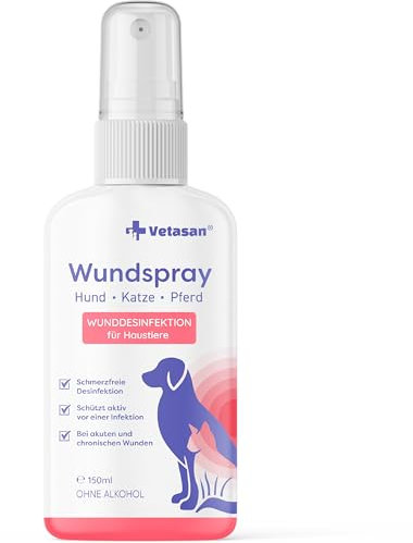 Vetasan Wundspray für Hunde & Katzen 150ml I Wunddesinfektion Katze I Für Haut und Pfoten I OHNE Alkohol & CHLOR I Desinfektionsmittel Tiere