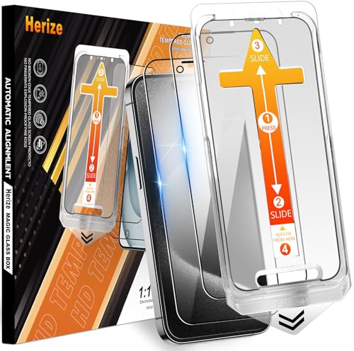 Herize 2-Pack [Auto Alignment Kit] Displayschutzfolie für iPhone 15 Pro, 6,1 Zoll HD klar Auto Staub Entfernung Installation Glas Film, 9H Härte Bubble Free Protector, Fall freundlich Anti-Kratzer