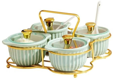Set Zuccheriera Utensili da Cucina Set Di Scatole Per Condimenti In Ceramica Con Coperchio A Cucchiaio E Vassoio Scatole Per Condimenti In Barattolo Di Condimento Con Cucchiaio Di Zucchero Per Spezie