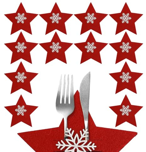 XDGBGFN 12 Stück Besteckhalter Weihnachten Weihnachten Bestecktasche Schneeflocken Löffel Besteckbeutel Tischdekoration Weihnachten Bestecktasche für Party Weinachtsdeko Tisch (Rot)