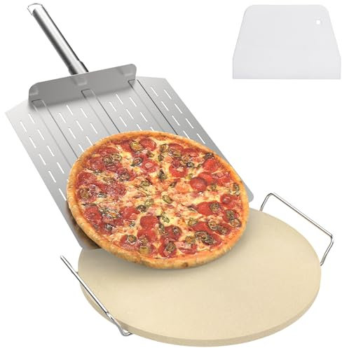 DcYourHome Round Pizza Stone with Rack for Oven, BBQ Grilling, Natural Cordierite Pizza Stone Kit with Pizza Peel & Plastic Scraper for Baking Bread, 14 inch Universal High Temperature Baking Stone