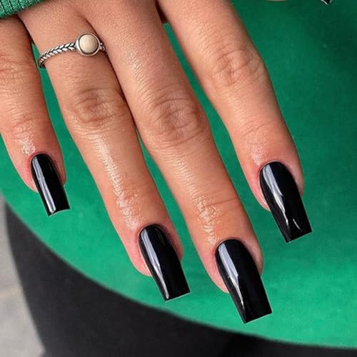 SXVME Black Press on Nails Long Square, Black False Nails Medium Coffin, Glossy Gel Fake Nails Press on, Sheer Color Square Tip Nails Glue on, Dark Sheer Gel Stick on Nail for Women, 24 Pcs