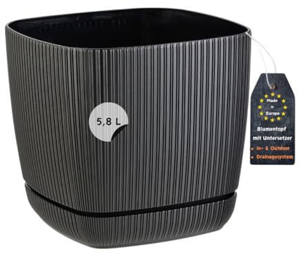 Engelland - 1 x Blumentopf mit Drainagesystem, Untersetzer, Farbe: Schwarz, Rillenoptik, Pflanz-Topf, Kübel, modern, Kunststoff, quadratisch, 21 x 21 cm, 5,8 Liter