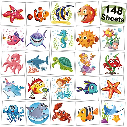 CHARLENT 148 Pcs Tatuaggi Temporanei di Animali Oceano per Bambini - Tatuaggi Individuali di Creature Marine per Ragazzi e Ragazze Bomboniere per Feste di Compleanno dell'Oceano