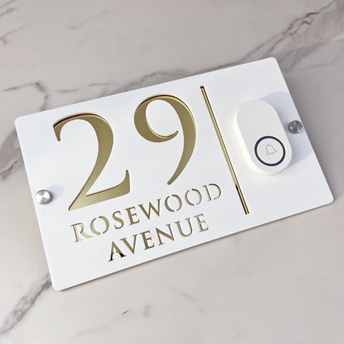 Personalized Modern 3D Floating House Number Sign with Doorbell – Custom Acrylic Address Plaque, Weatherproof & Durable for Home, Apartment, Hotel, Porch & Yard (White gold)