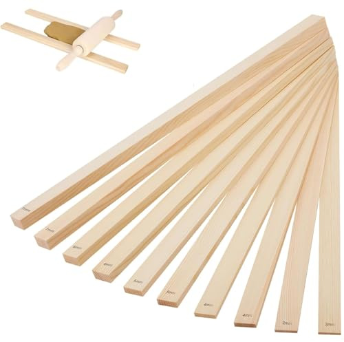 Set di guide per mattarello in ceramica, set da 10 pezzi, 5 misure di mattarello in legno, strumento di controllo dello spessore dell'argilla in legno, strumento per un controllo preciso dello