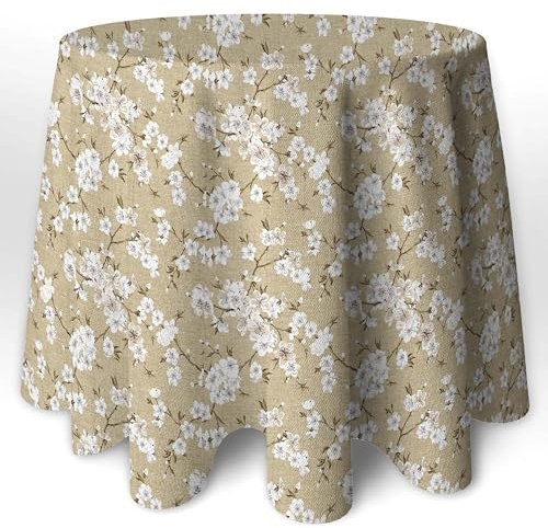 LaFábricadelasTelas - Falda o Ropa de Mesa Camilla Redonda Flores Almendro Beige y Gris. Primavera Verano Loneta Estampada algodón, Faldón Faldilla enagüilla 60-70-80-90-100 (Beige, 80 Redonda)