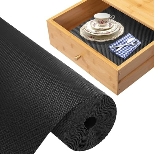 Gohytal Schubladeneinlage 45x500cm, Antirutschmatte aus EVA Material, Wasserfest & Nicht klebende Schubladeneinlage Für Küchenschränke Regale Schubladen Kühlschrank, Einlage für Haushalt Büro, Schwarz
