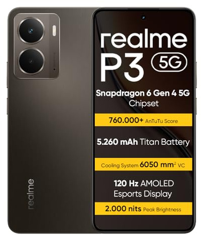 realme P3 5G Smartphone 12+512 GB, Procesador 5G Snapdragon 6 de 4.ª generación, Batería Titan de 5260mAh, Carga rápida de 45W, Pantalla AMOLED de 120 Hz, Brillo máximo de 2000nit, IP69, Grey