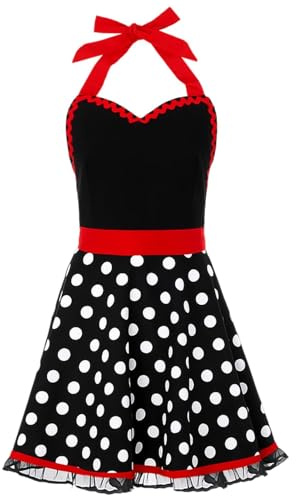 JWRHUH Kochschürze Damen,Langlebig Sexy Kochschürze für Frauen mit Gepunktet Tasche,50er Vintage Baumwolle Küchenschürze Damen Kochen und Backen Apron,Schürze Damen Geeignet für Küche,Restaurant,Café