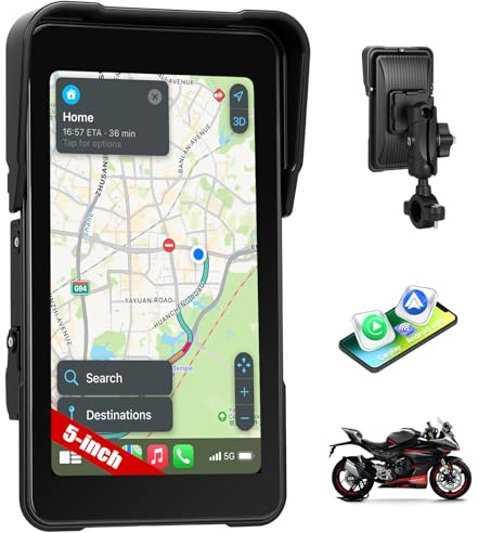 SIXWIN Senza Fili Schermata Carplay Per Moto, Portatile CarPlay & Android Auto Per Moto, 5 Pollici Impermeabile IP68 Touchscreen,Supporto Doppio Bluetooth, Navigazione GPS, Controllo Vocale(Verticale)