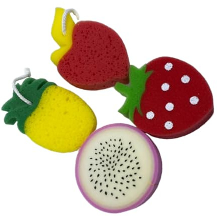 CLISPEED 4 pezzi Spugne Bagno per Frutta Esfoliante e Duraturo Spugne Doccia Schiumose per Massaggio e Rimozione Cellule Morte Adatte per