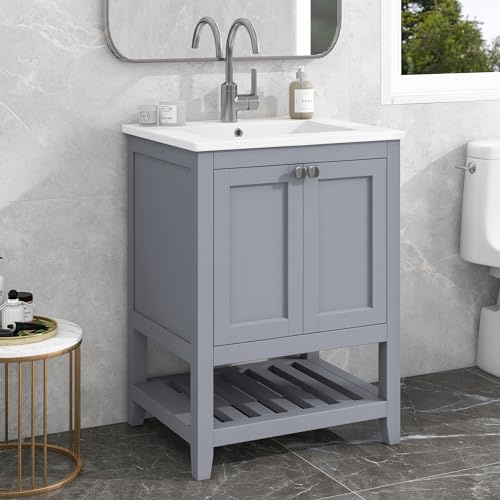 Lcoho Badmöbel Einzel Waschtisch mit Unterschrank 60cm mit Keramik-Waschbecken (hellgrau)