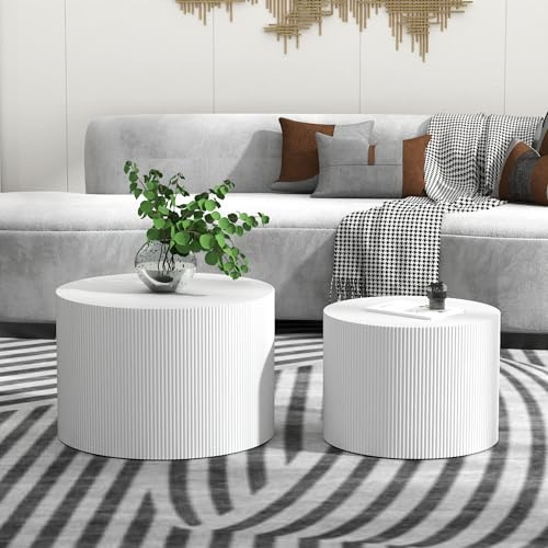 Otterease Round Coffee Table Set of 2, Modern Wooden White Nesting Tables for Living Room, No Assembly Required Circle Side Tables Set Accent End Table for Bedroom, Balcony