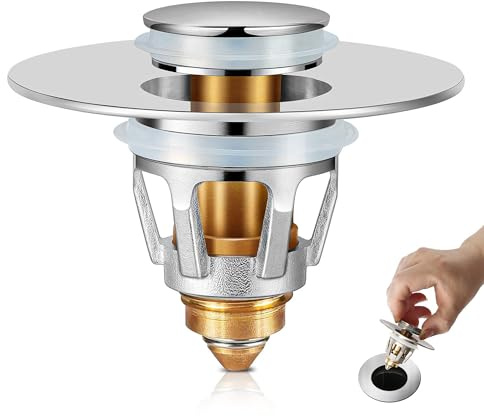 Waschbeckenstöpsel, Drain 2in1 Magic Abflusssieb Ablaufgarnitur Stöpsel Waschbecken, Messing Bounce Core Push-Type Drain Plug, Universal Sink Stopper Ersatz für Bad und Küche (Silber*1)