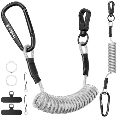 SURPHY Retractable Phone Lanyard, Phone Tether Tab & Metal Keychain Hook, Anti-theft Phone Strap Coiled Cord Lanyard for Skiing Outdoor