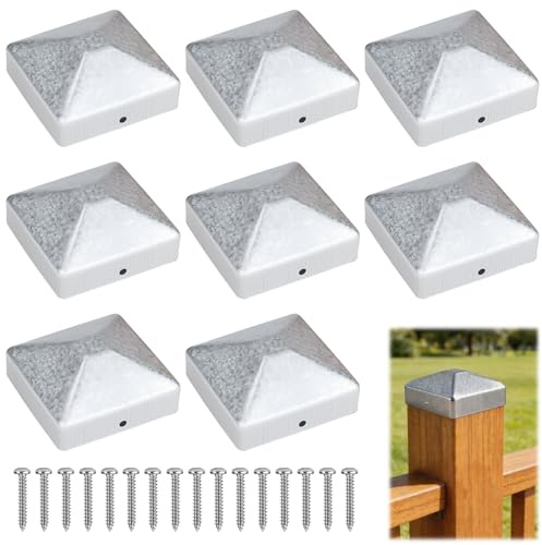 8 Piezas Sombrerete para Poste 7x7cm, Tapas para Postes de Valla, Bases para Postes de Madera 7x7cm, Cubrepostes, Sombreretes Metálicos Cuadrados para Postes de Madera, con 16 Tornillos