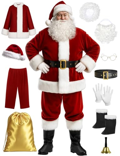Ahititi Santa Claus Costume for Men Santa Suit Adults 11pcs Mens Deluxe Professional Christmas Clause Outfit Xmas Cosplay S