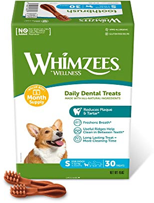 WHIMZEES Zahnbürste, Kaustangen für kleine Hunde zur Zahnpflege, Größe S, 30 Stück (Monatspackung), ohne Zuckerzusatz, getreidefrei, natürlich, fettarm