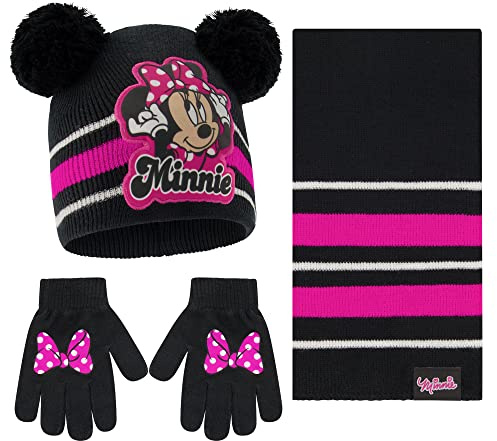 Disney Baby flickor vintermössa, Mimmi Pigg barn mössa, vantar scarf set kallt väder, svarta handskar ålder 4-7, år
