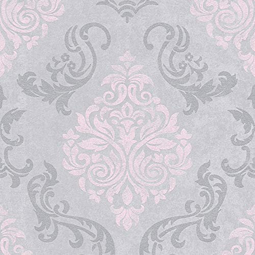 Carta da parati tnt (tessuto non tessuto) damascata barocca Grigio Argento Rosa 953726 95372-6 Innova Memory 3 | Grigio/Argento/Rosa | Rotolo (10,05 x 0,53 m) = 5,33 m²