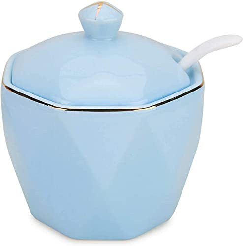 Qiuerte 1 sucrier en céramique avec couvercle et cuillère - 334,5 g - Pour la maison et la cuisine - Bordure dorée en losange vintage - Rose/bleu/blanc en option - Bleu