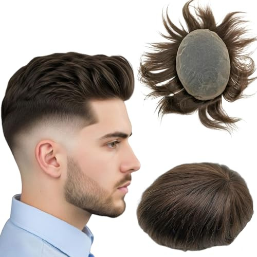 NLW Echthaar-Toupet für Männer, 100% natürliches Haarersatzsystem mit mittlerer Dichte, atmungsaktive Perücke aus französischer Spitze, 8 * 10 Zoll (#2 Tiefes Braun)