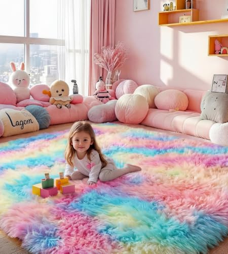 ROHATIM Teppich Wohnzimmer 200 x 300 cm Regenbogen Waschbar Rutschfester Hochflorteppich Kinderzimmer Schlafzimmer Flauschiger Teppiche
