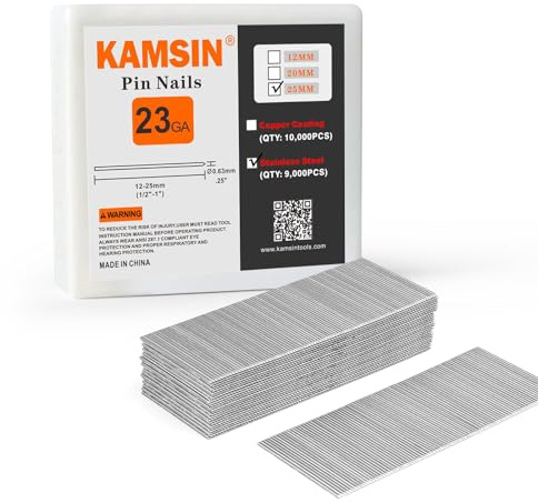 KIMSING P625SS - Clavos sin cabeza, calibre 23 de 25 mm, longitud de la pierna, 9.000 unidades/caja, clavos de carpintería para clavadora neumática, pistola de uñas
