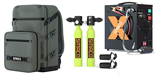 SMACO Mini Tauchflasche Doppel 0,5L Tauchflasche bietet 6-10 Minuten Unterwasseratmung (Nicht mehr als 33 ft) Kleines Tauchflaschen-Set für flaches Freitauchen/als Ersatzflasche, Paket D-Grün