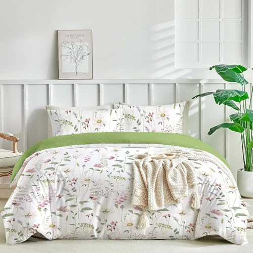 HOMHOMHA Green Floral Bedding King Bed Duvet Cover And Pillowcase Set Luxury Aesthetic Microfibre Bedding Flower Decor For Adult 230x220cm Quilt Cover (FL01, King)