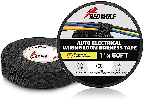 RED WOLF 1 Inch x 50FT Wire Loom Harness Cloth Tape Electric Self-Adhesive Fabric Tape High Temp for Automobile Electrical Harness Wrap Noise Damping Protection Insulation Cable Fixed 2 Rolls