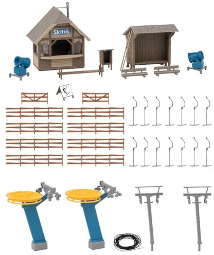 Faller Model Kit - Tow Lift with Kiosk, H0 Scale, 1 Piece, Includes 2 Ski Lift Houses, Snow Cannons, Fences, Benches, Ages 6+
