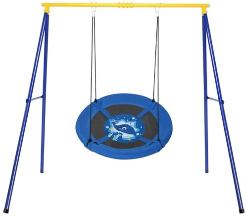 Maxmass Heavy Duty Swing Frame, Kids Swing Set with Saucer Swing, Indoor Outdoor Single Swing A Frame for Backyard Garden Park Playground (Yellow Swing Frame and Whale Swing)