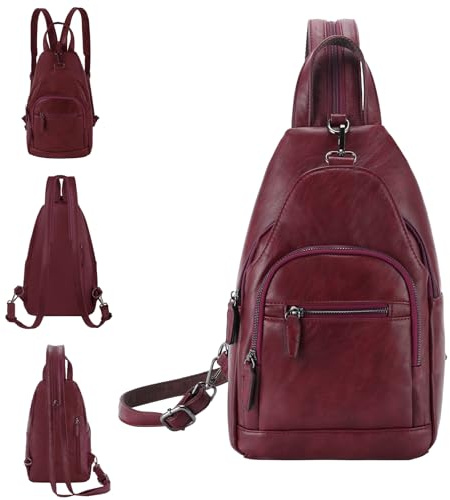 RAVUO Rucksack Damen,PU Leder Sling Bag Klein Umhängetasche,Rot | Vintage,Anti-Diebstahl D-Ring,Umkehrbar,Verstellbarer Gurt,3 Tragewege in Einem,6 separate Fächer